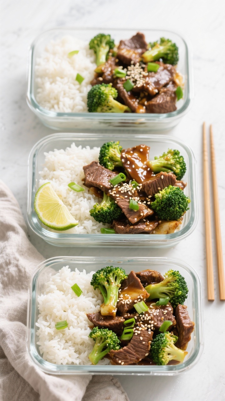 Tasty top view: Overhead shot of Beef & Broccoli Meal Prep Stir-Fry portioned into three rectangular