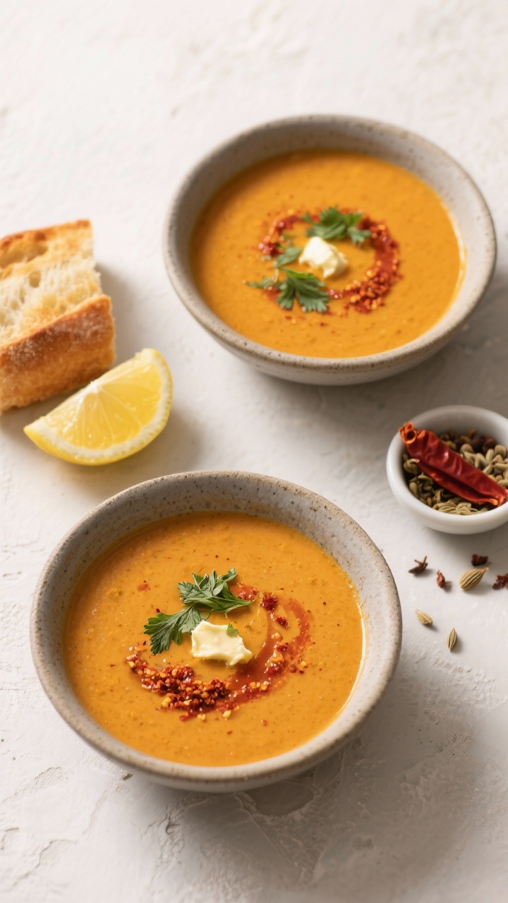 Tasty top view: Overhead shot of finished Mercimek Çorbası served with classic accompaniments—tw