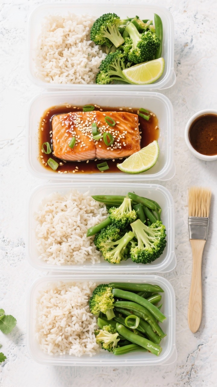 Tasty top view: Overhead shot of four meal prep containers neatly assembled—fluffy white or brown 