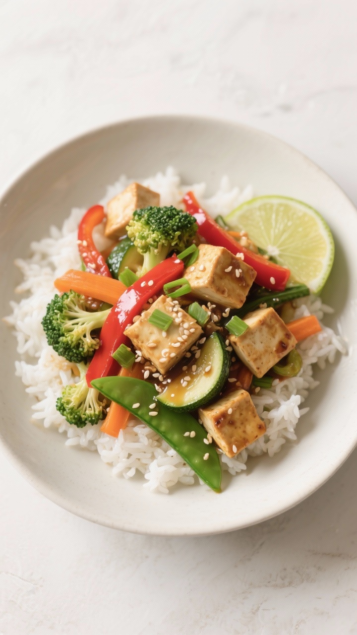 Tasty top view: Overhead shot of light veggie stir-fry with tofu served over fluffy steamed jasmine 