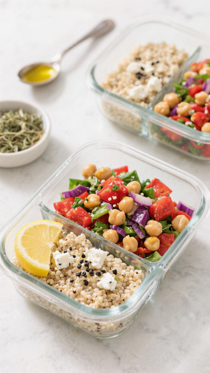 Tasty top view: Overhead shot of meal-prep containers neatly portioned with a fluffy quinoa base top