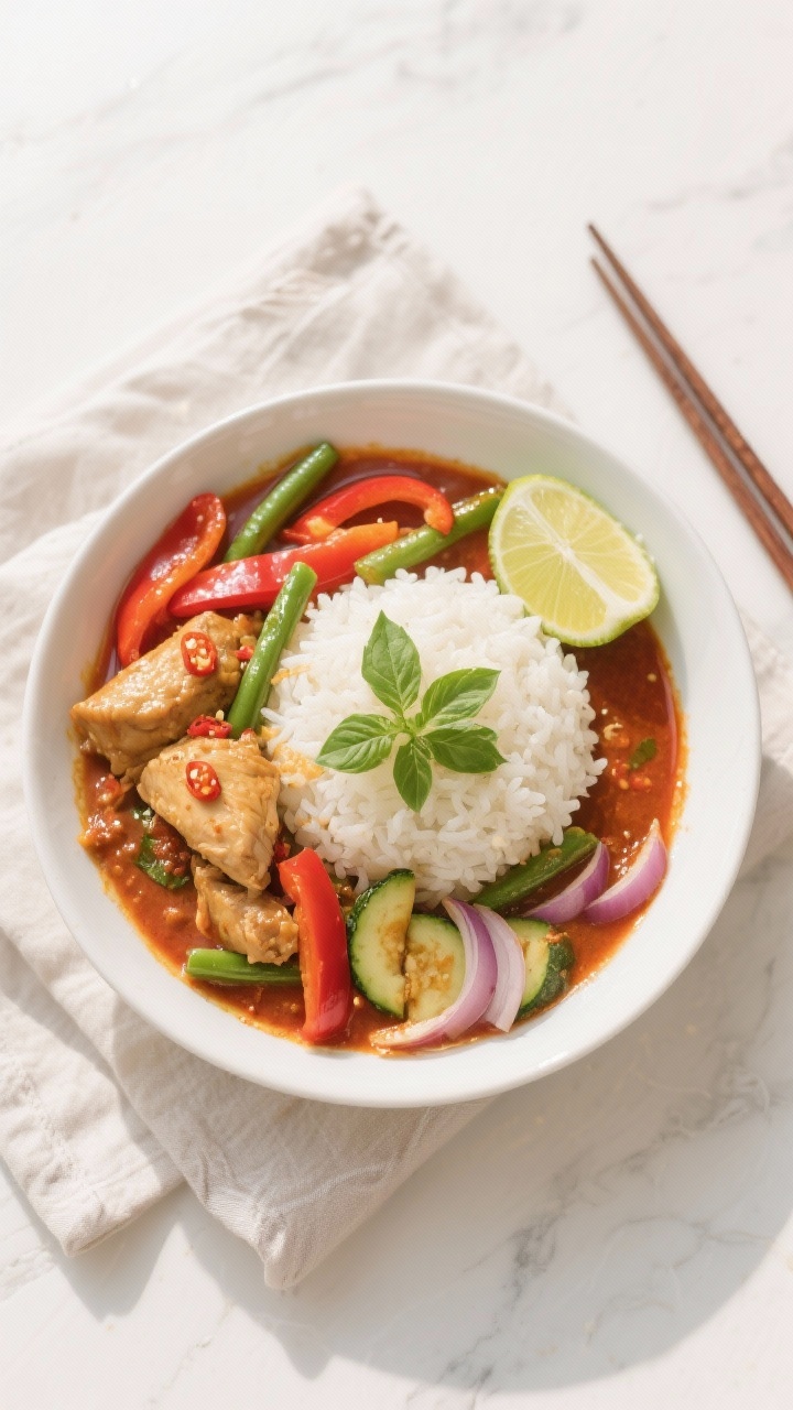 Tasty top view: Overhead shot of Thai red curry with chicken ladled over fluffy jasmine rice in a sh