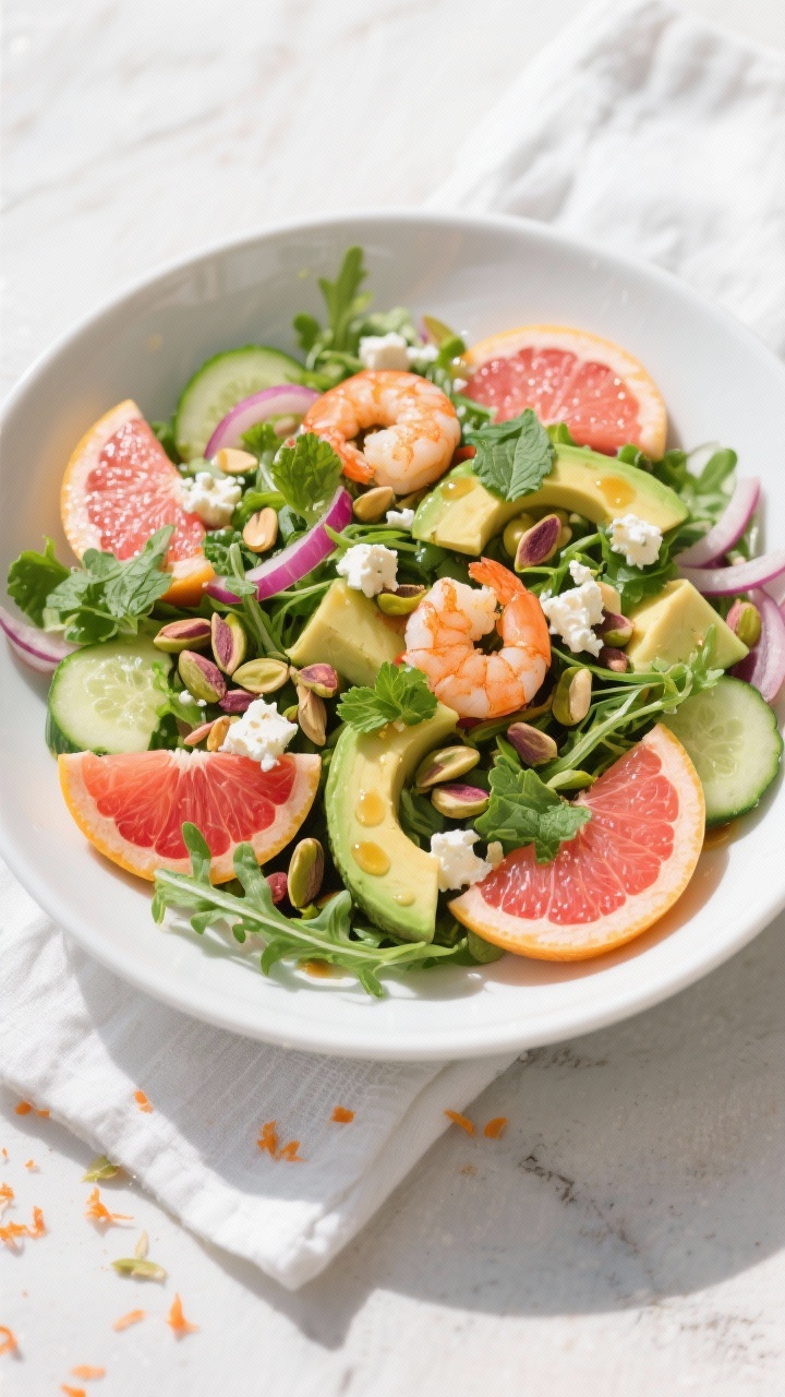 Tasty top view: Overhead shot of the assembled Citrus Avocado Salad with Shrimp in a wide, shallow w