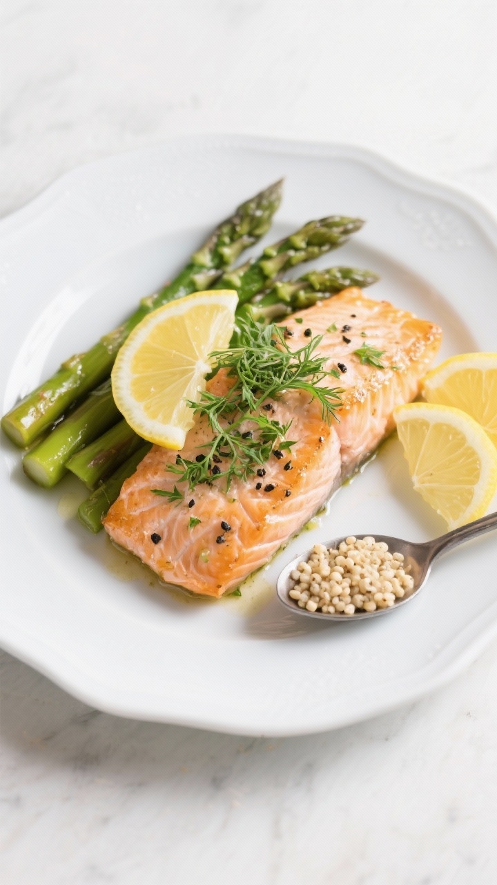 Tasty top view: Overhead shot of the final plated Low-Calorie Lemon Herb Salmon on a white ceramic p
