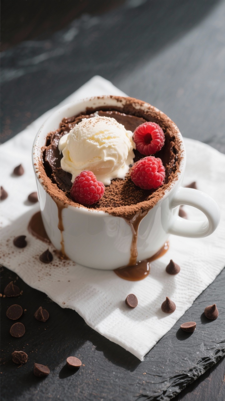 Tasty top view: Overhead shot of the finished chocolate lava mug cake topped with a scoop of vanilla