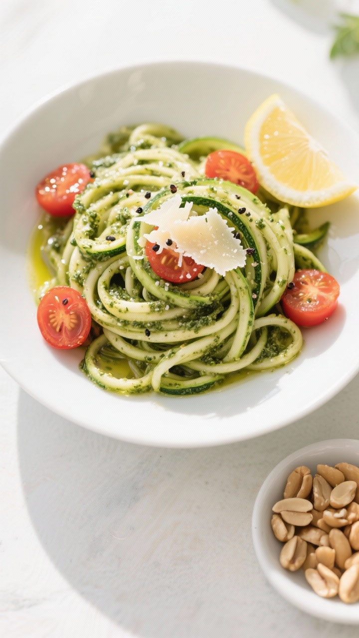 Tasty top view: Overhead shot of the finished zucchini noodles with pesto in a wide white shallow bo