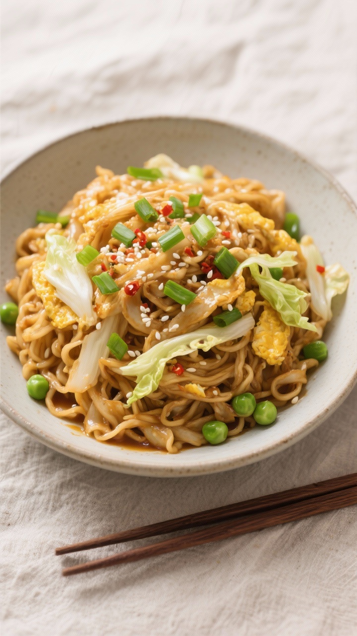 Tasty top view, overhead shot: Overhead shot of a finished bowl of egg fried noodles piled high, eve