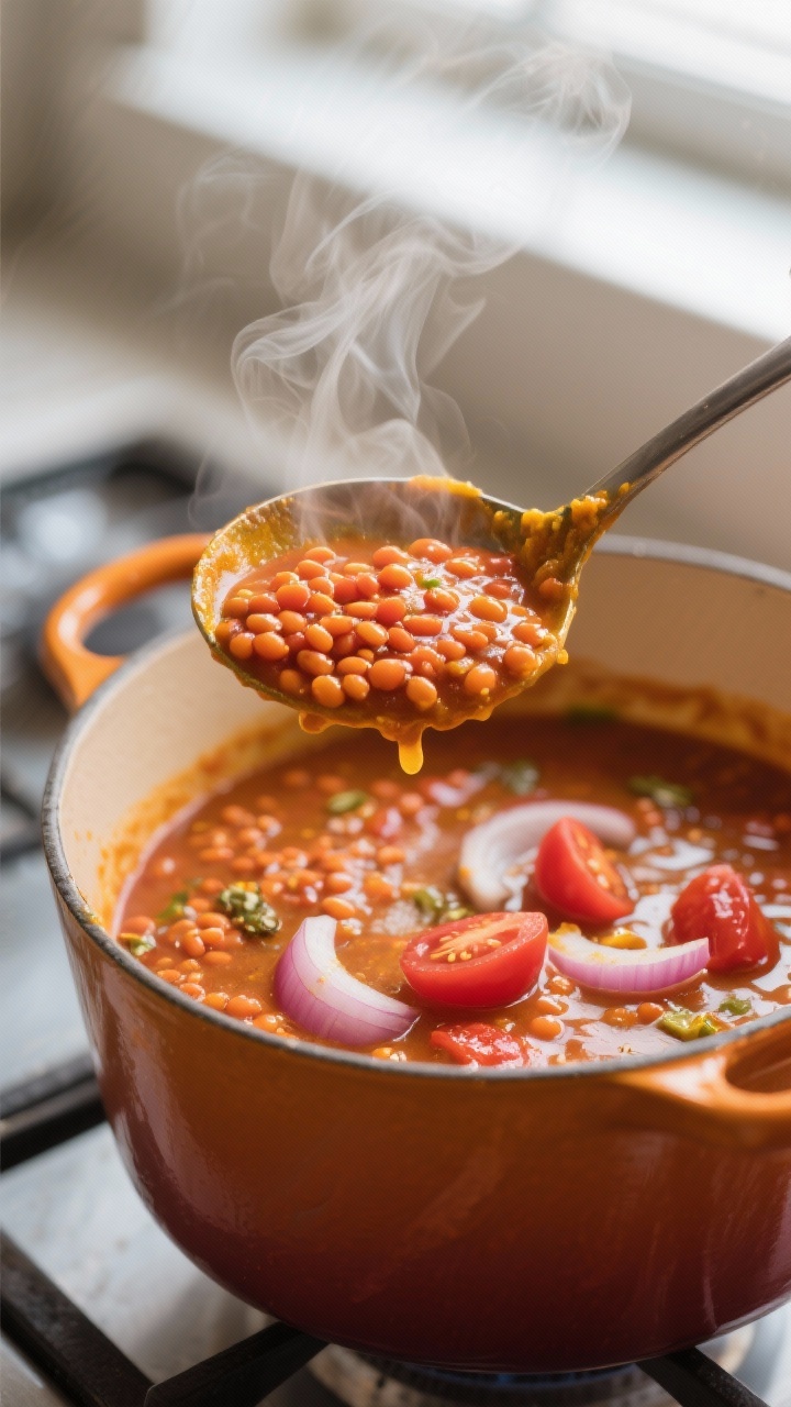 Close-up detail: A ladle lifting creamy red lentil curry from a Dutch oven mid-simmer, showing tende