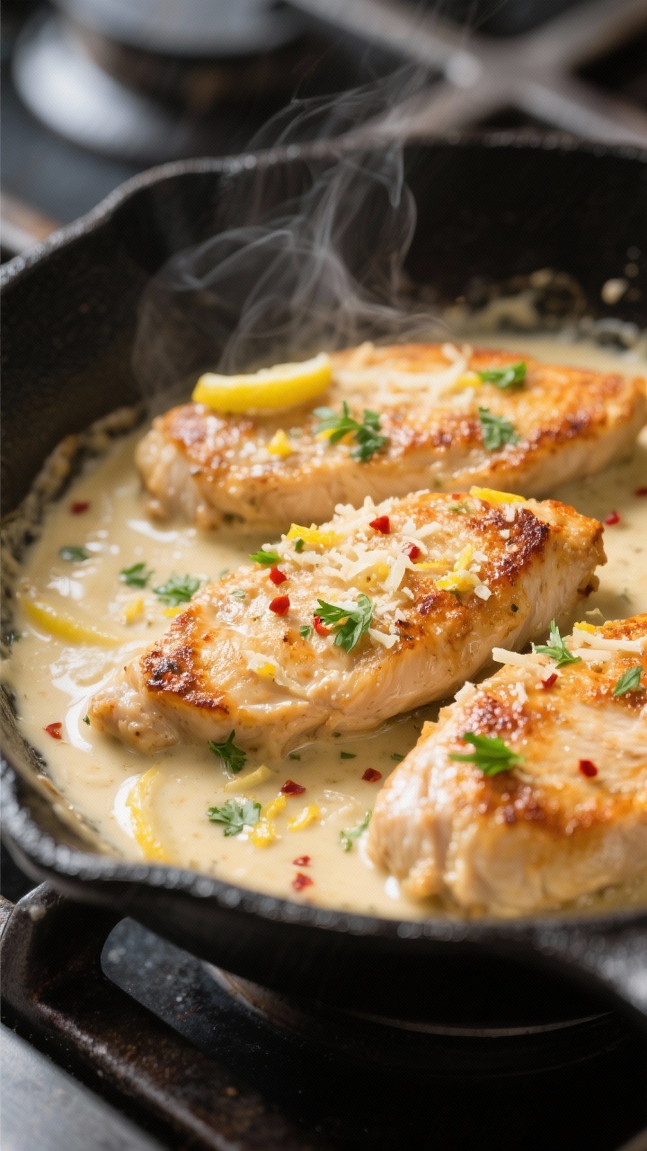 Close-up detail: Golden-brown chicken cutlets just returned to a creamy garlic–Parmesan sauce in a