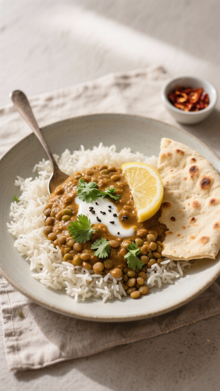 Final dish presentation: Beautifully plated Healthy Lentil Curry spooned over fluffy basmati rice in
