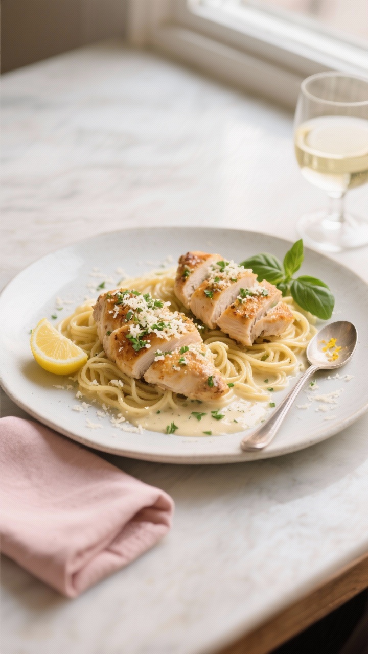 Final dish presentation: Cupid’s Creamy Garlic Parmesan Chicken plated for two on a matte white di