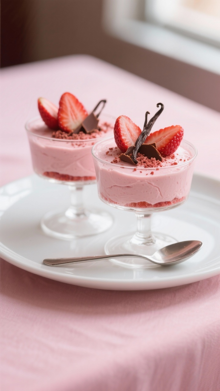 Final plated presentation: Valentine’s Strawberry Love Mousse layered neatly in clear coupe glasse