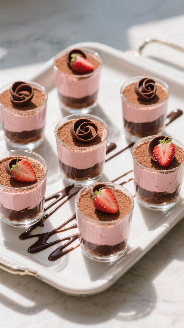 Tasty top-down shot: Overhead view of mousse parfaits portioned in small glasses on a tray—smooth,