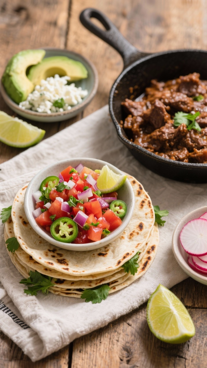 Tasty top view โ Build-your-own taco spread: Overhead shot of a warm tortilla stack wrapped in a t