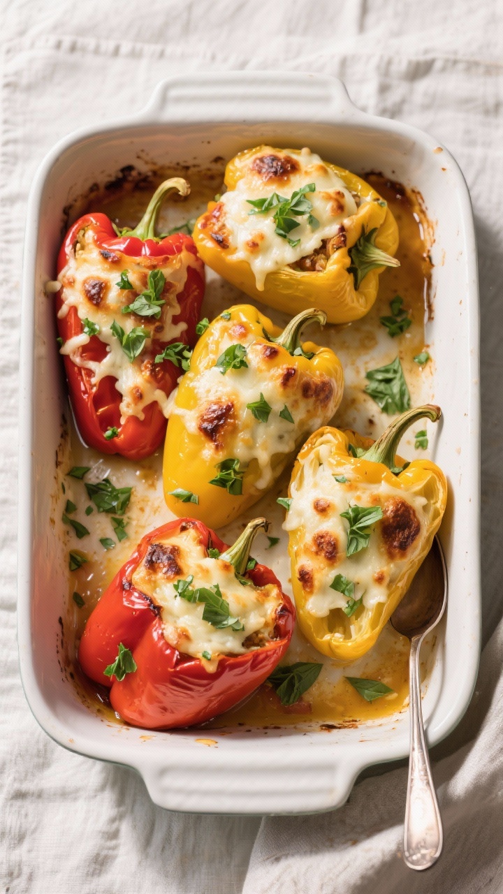 Tasty top view, in pan: Overhead shot of a baking dish filled with four upright, fully baked stuffed