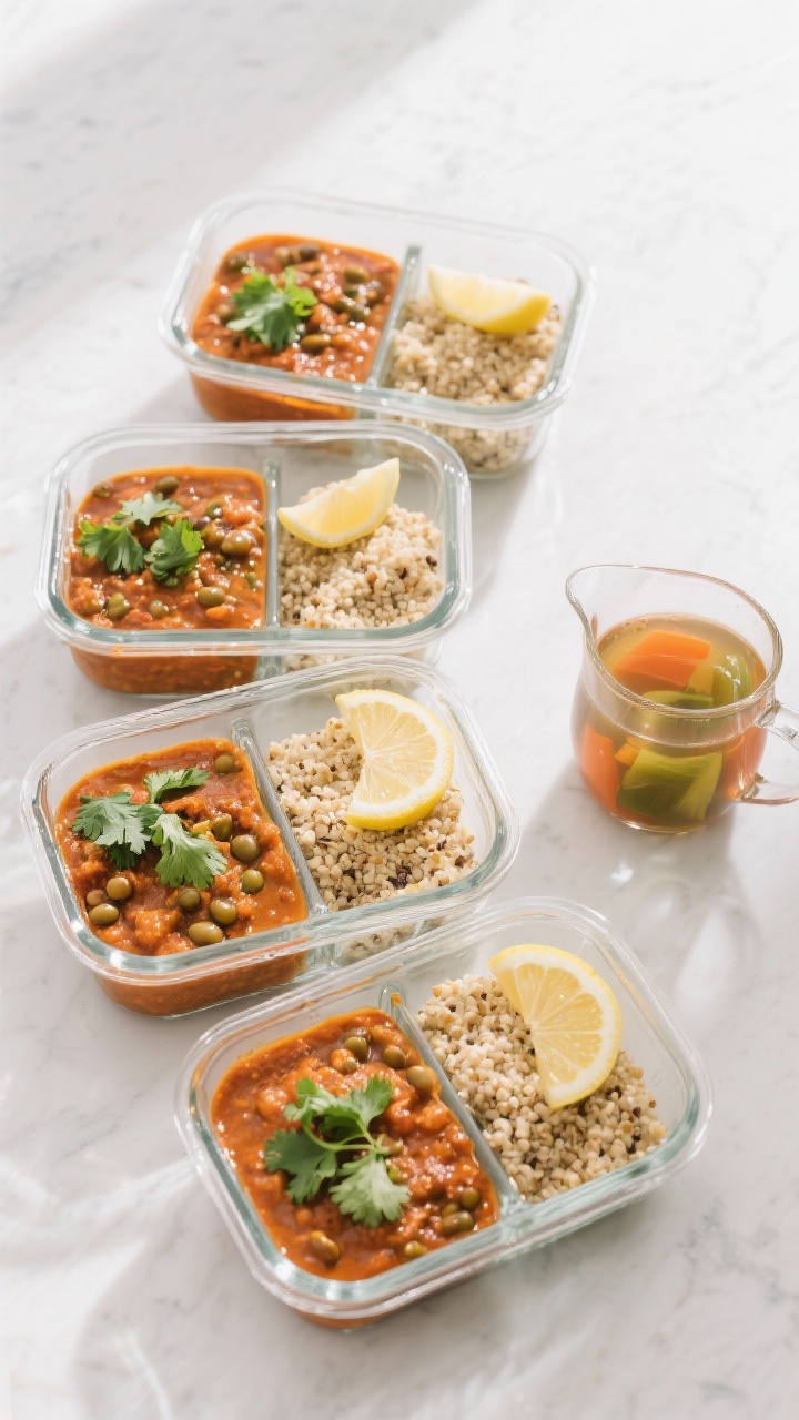 Tasty top view: Overhead shot of a meal-prep spread—four glass containers filled with lentil curry