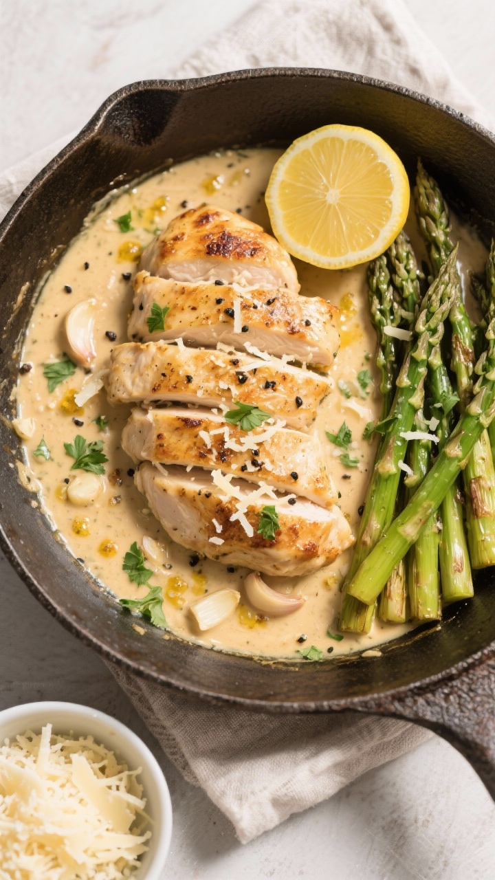 Tasty top view: Overhead shot of the finished chicken nestled in the pan sauce alongside roasted asp