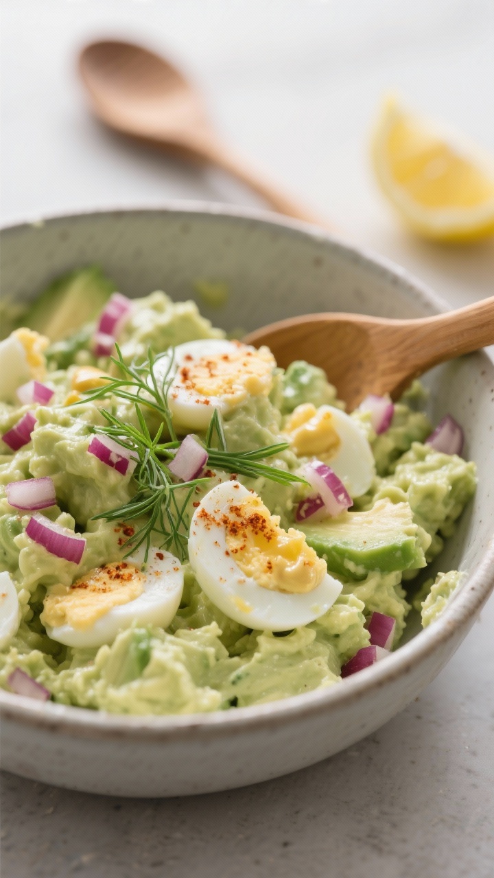 Close-up detail: A creamy avocado egg salad being gently folded in a matte ceramic mixing bowl, show
