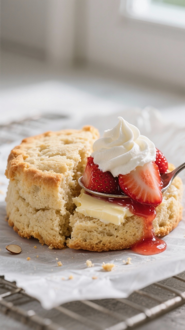 Close-up detail: A freshly baked almond flour shortcake biscuit split open, showing a tender, cake-l