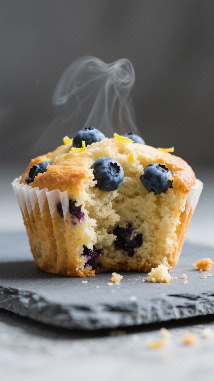 Close-up detail: A freshly baked keto blueberry muffin torn open to reveal a tender, cake-like crumb