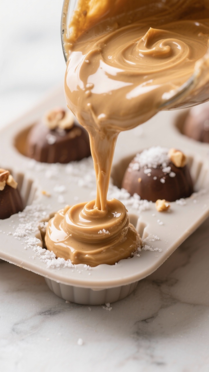 Close-up detail: A glossy swirl of freshly mixed keto peanut butter fat bomb batter being poured int