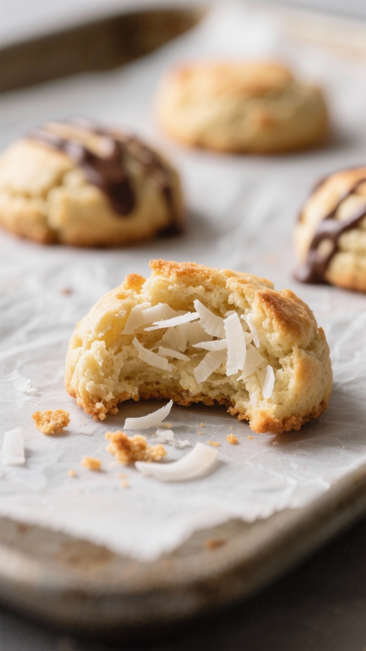 Close-up detail: A just-baked keto coconut macaroon broken open to reveal the moist, chewy interior 
