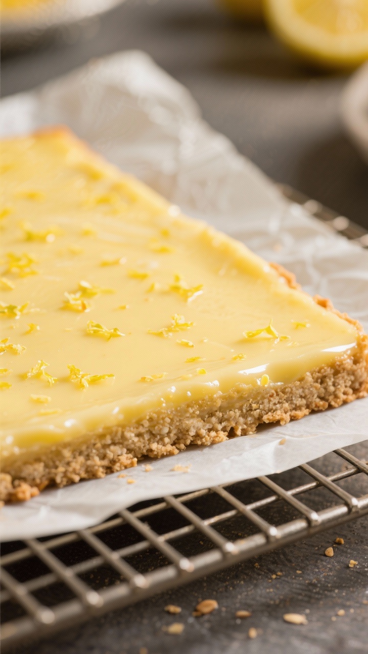 Close-up detail: A just-baked keto lemon bar slab cooling on a wire rack, the silky lemon custard wi