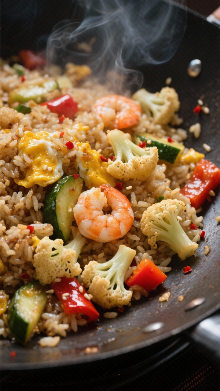 Close-up detail: Cauliflower fried rice sizzling in a wok during the stir-fry stage, showing lightly