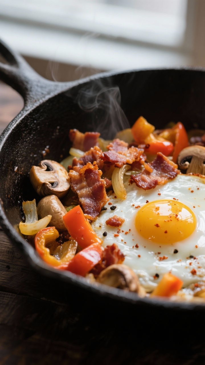 Close-up detail: Crispy bacon crumbles nestled among sautéed bell peppers, onions, and golden-edged