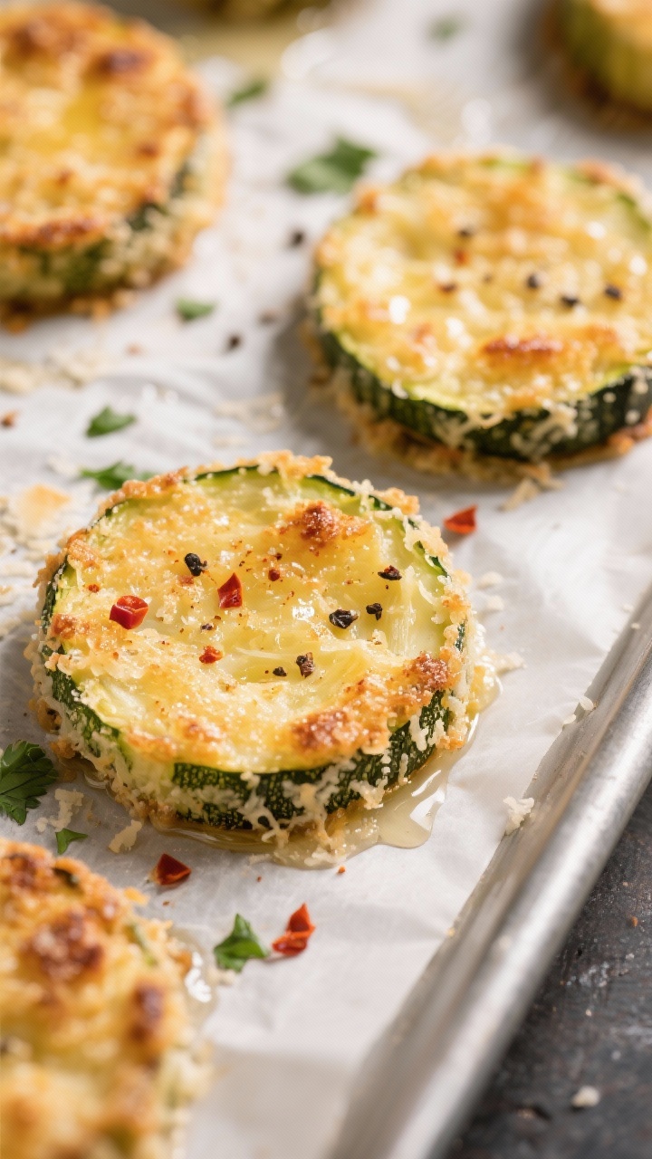Close-up detail: Golden-baked Parmesan zucchini rounds just out of the oven, edges deeply crisped an