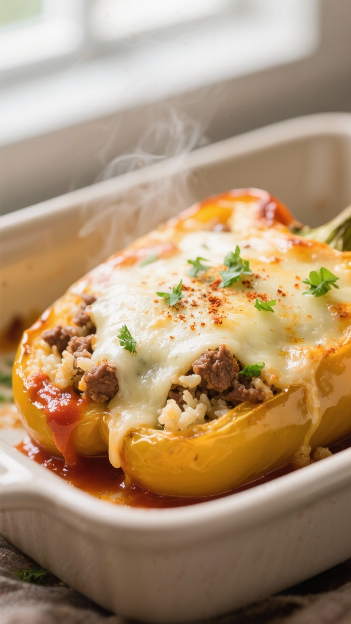 Close-up detail: Golden, melted mozzarella bubbling over a keto stuffed bell pepper just out of the 