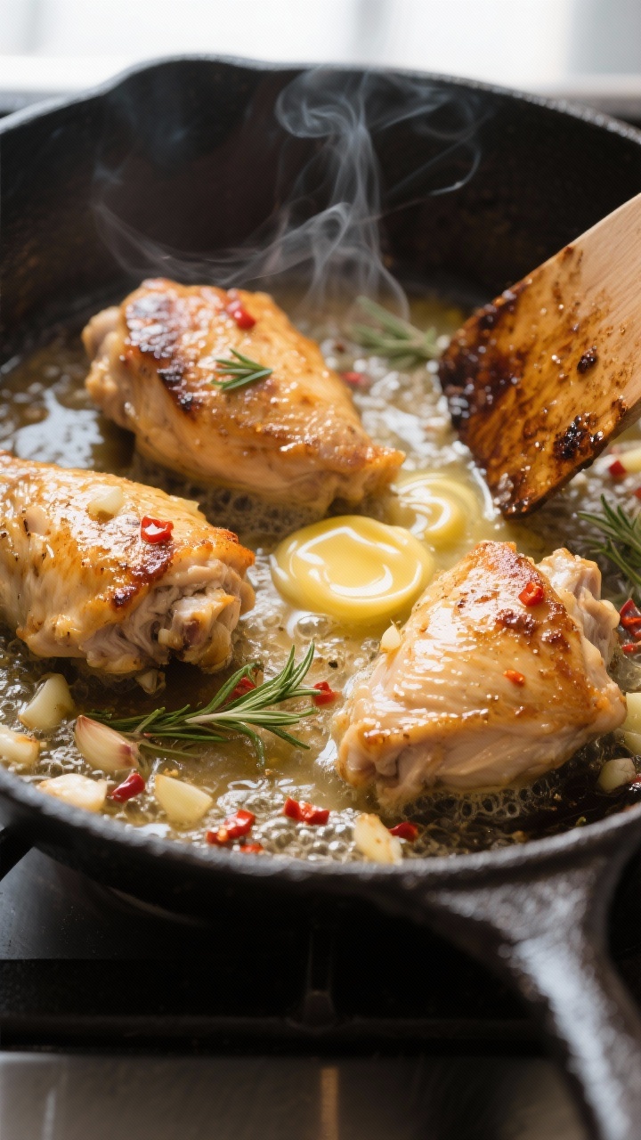 Close-up detail: Golden-seared chicken thighs sizzling in a skillet during deglazing, pan sauce bubb
