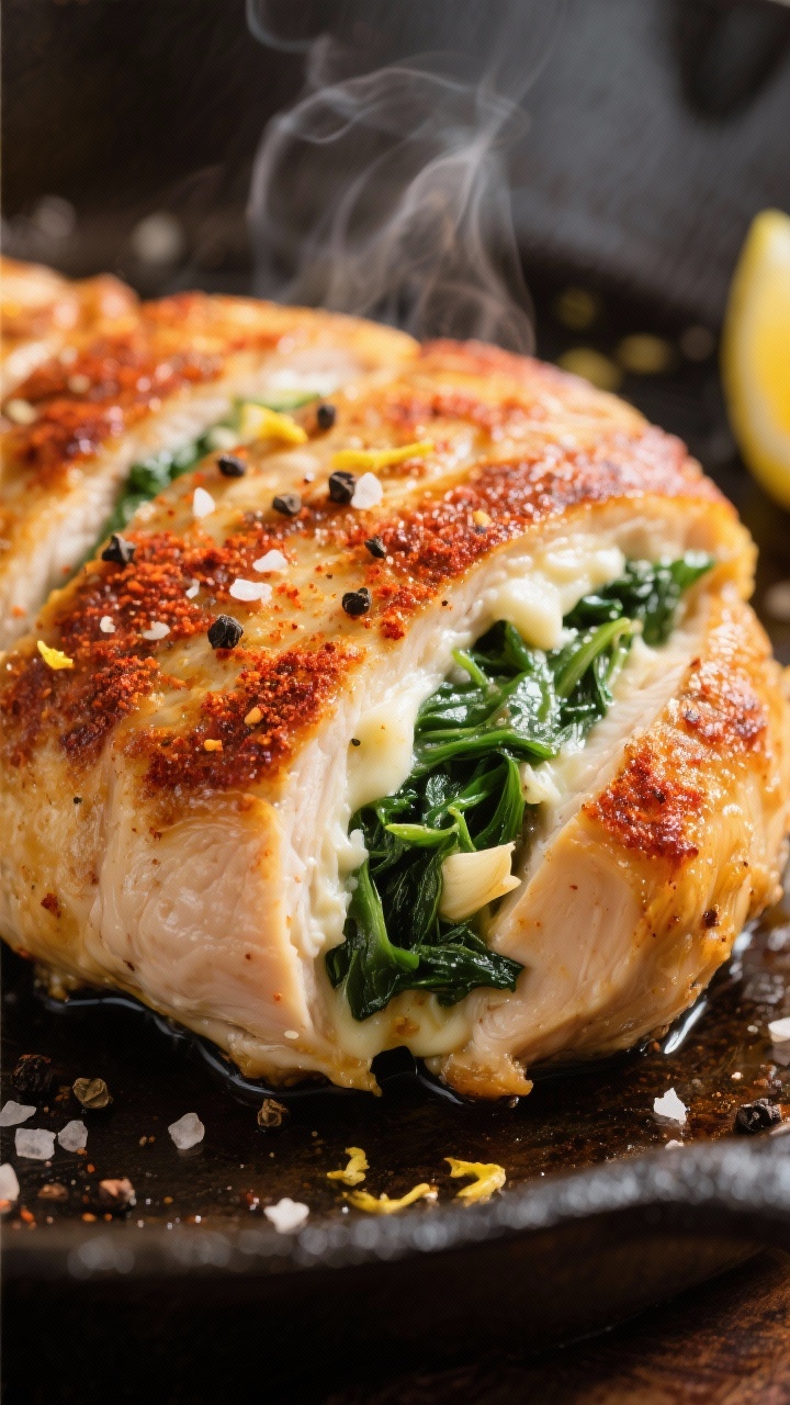 Close-up detail: Golden-seared spinach-stuffed chicken breast just out of the skillet, showing caram