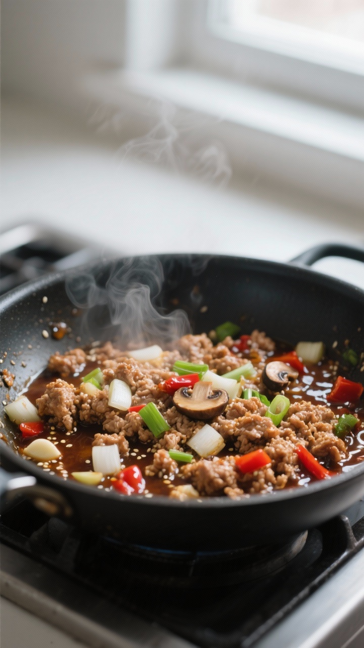Close-up detail: Juicy ground chicken filling sizzling in a skillet after browning, coated in a glos