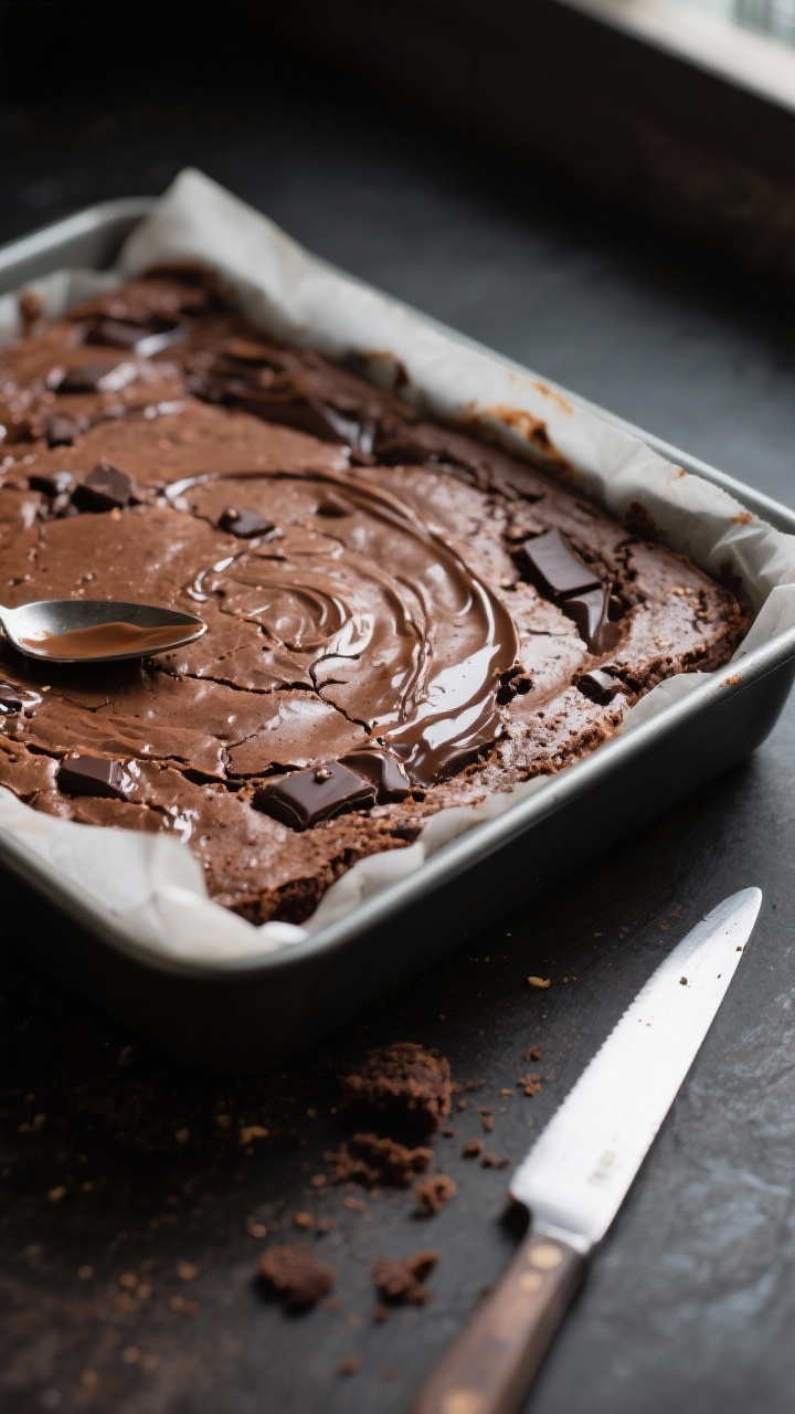 Close-up detail: Just-baked keto almond flour brownies cooling in an 8x8 pan lined with parchment, s