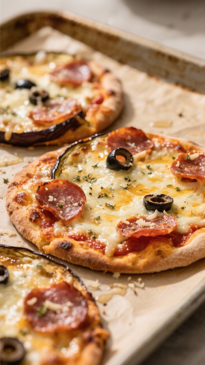 Close-up detail: Roasted eggplant pizza rounds just out of the oven, cheese bubbling and slightly go