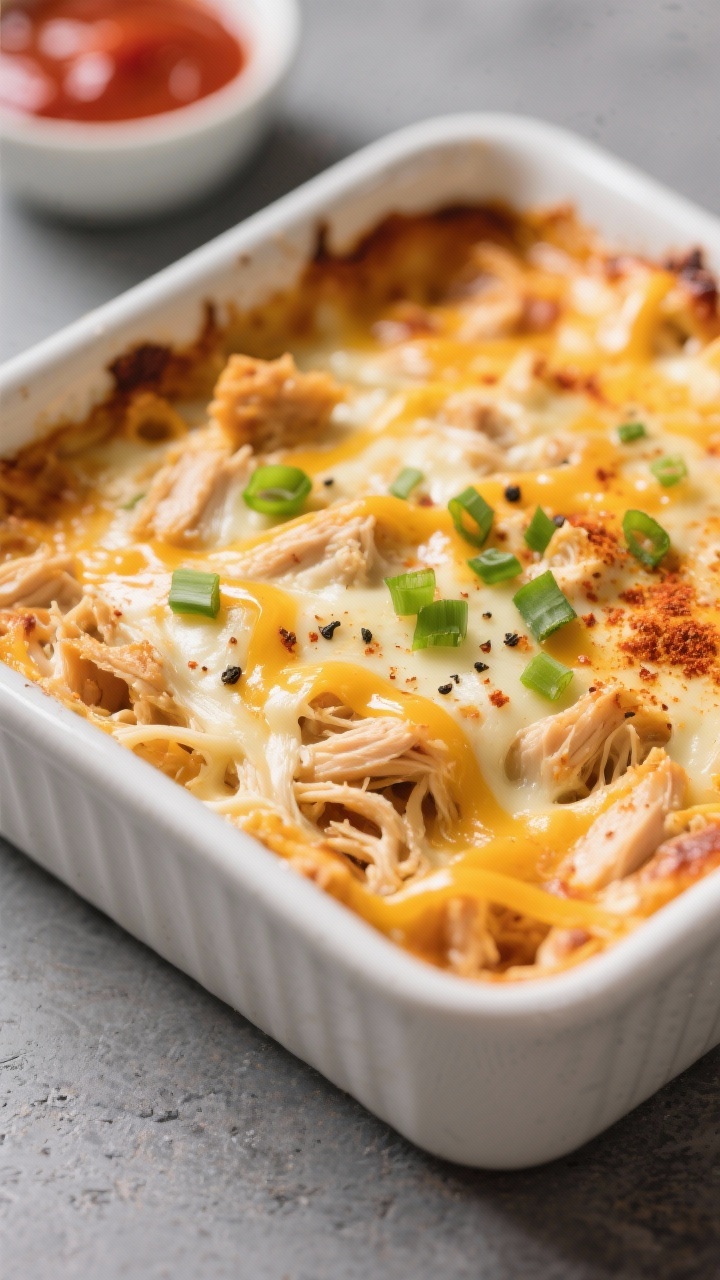Close-up detail shot: A bubbling Keto Buffalo Chicken Dip just out of the oven in an 8x8 white bakin
