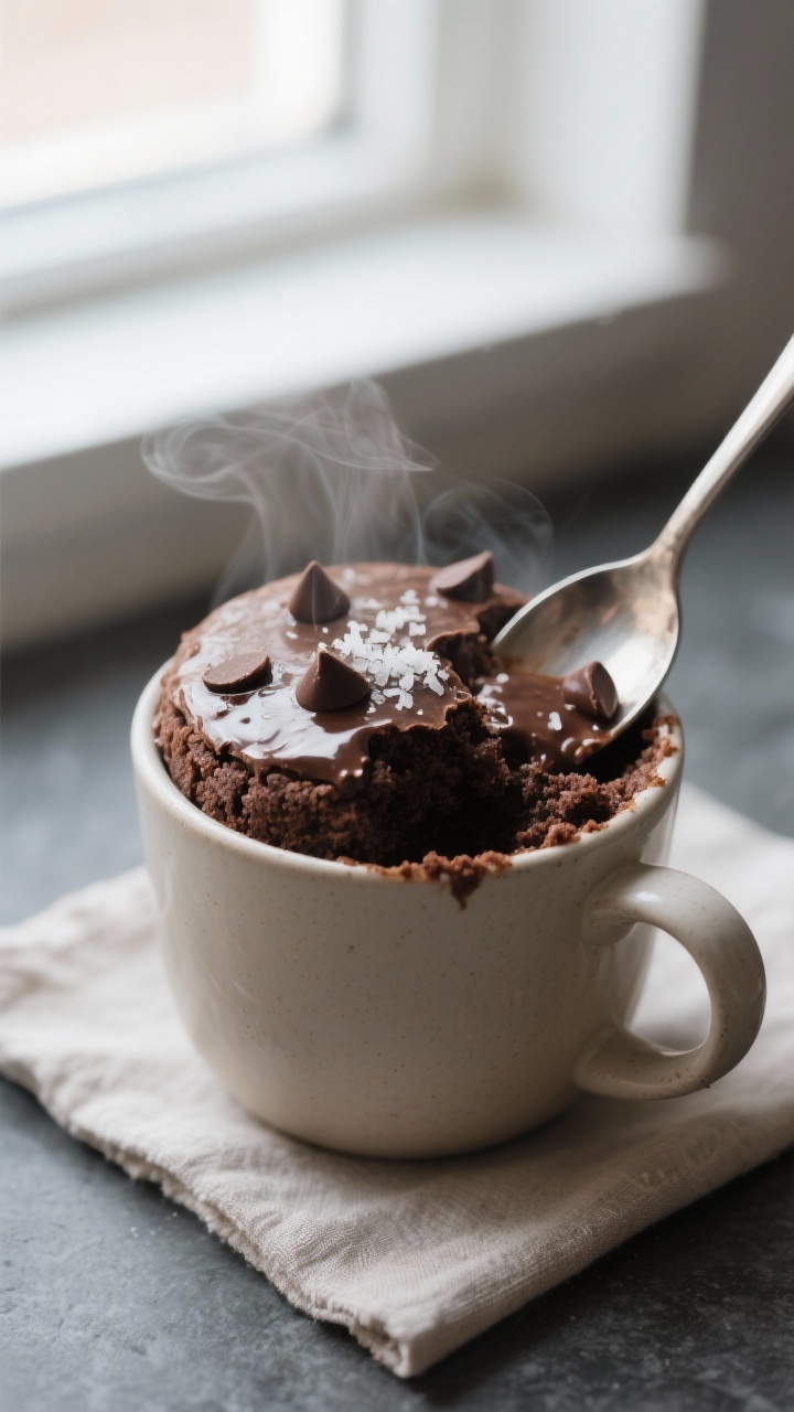 Close-up detail shot: A freshly microwaved keto chocolate mug cake still in the mug, top just set wi
