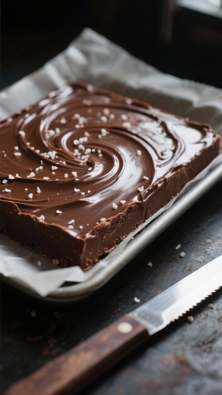 Close-up detail shot: A glossy slab of set keto chocolate fudge just lifted from a parchment-lined 8
