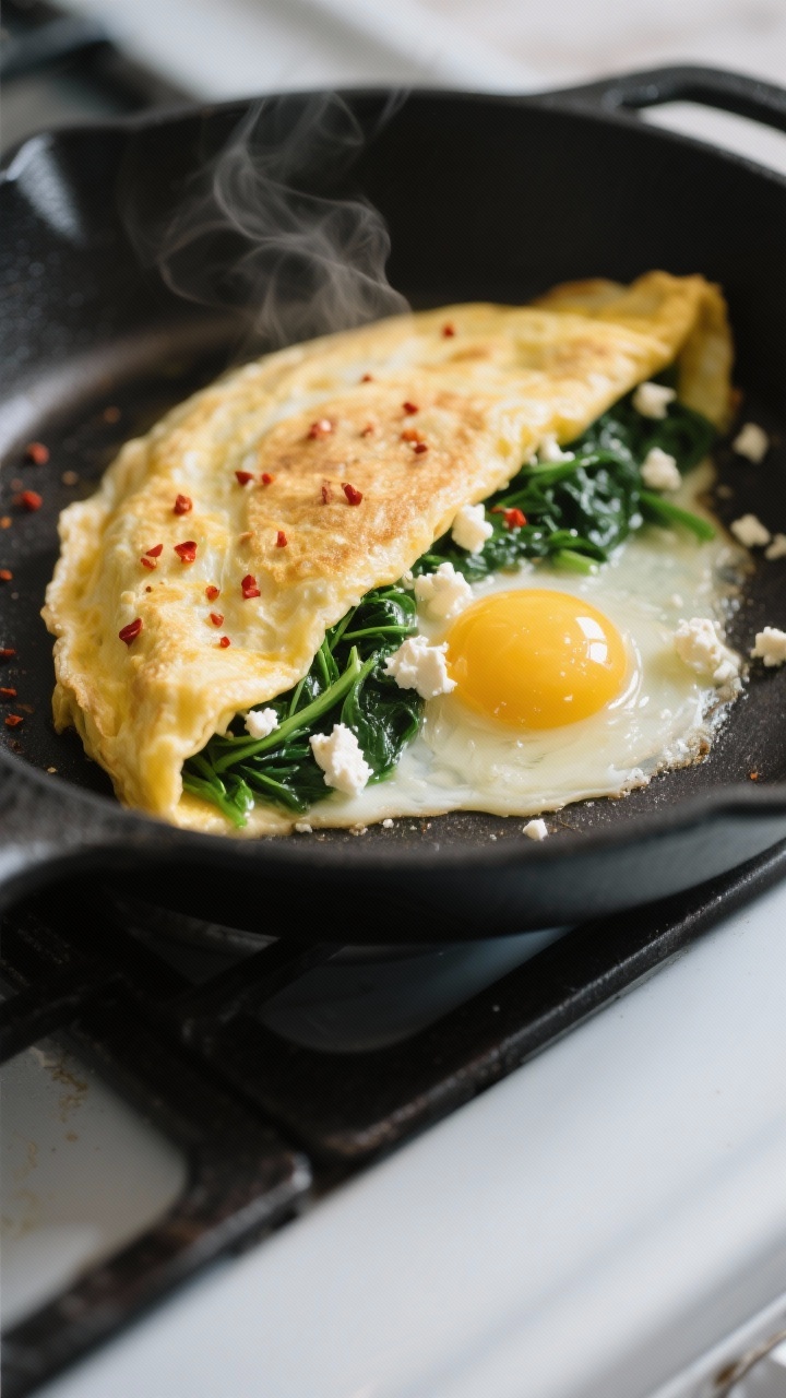Close-up detail shot: A just-folded keto spinach and feta omelet in a nonstick skillet over medium-l