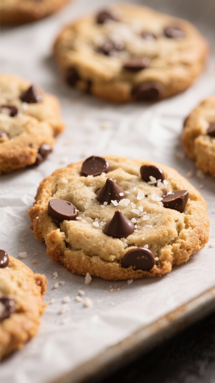 Close-up detail shot: Freshly baked keto chocolate chip cookies just out of the oven on a parchment-