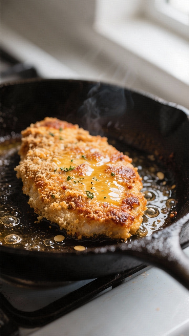 Close-up detail shot: Golden, pan-seared keto Chicken Parmesan cutlet just after the skillet step, s