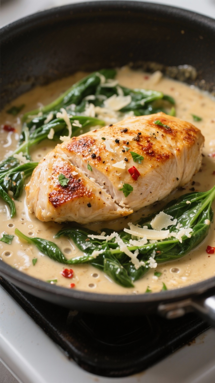 Close-up detail shot: Golden-seared chicken breast nestled in a silky garlic-parmesan cream sauce in