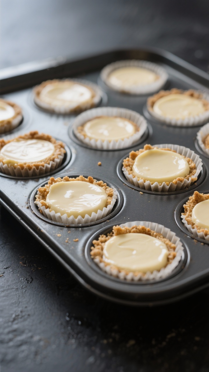 Close-up detail shot: Mini keto cheesecake bites just out of the oven in a 24-cup mini muffin tin, c