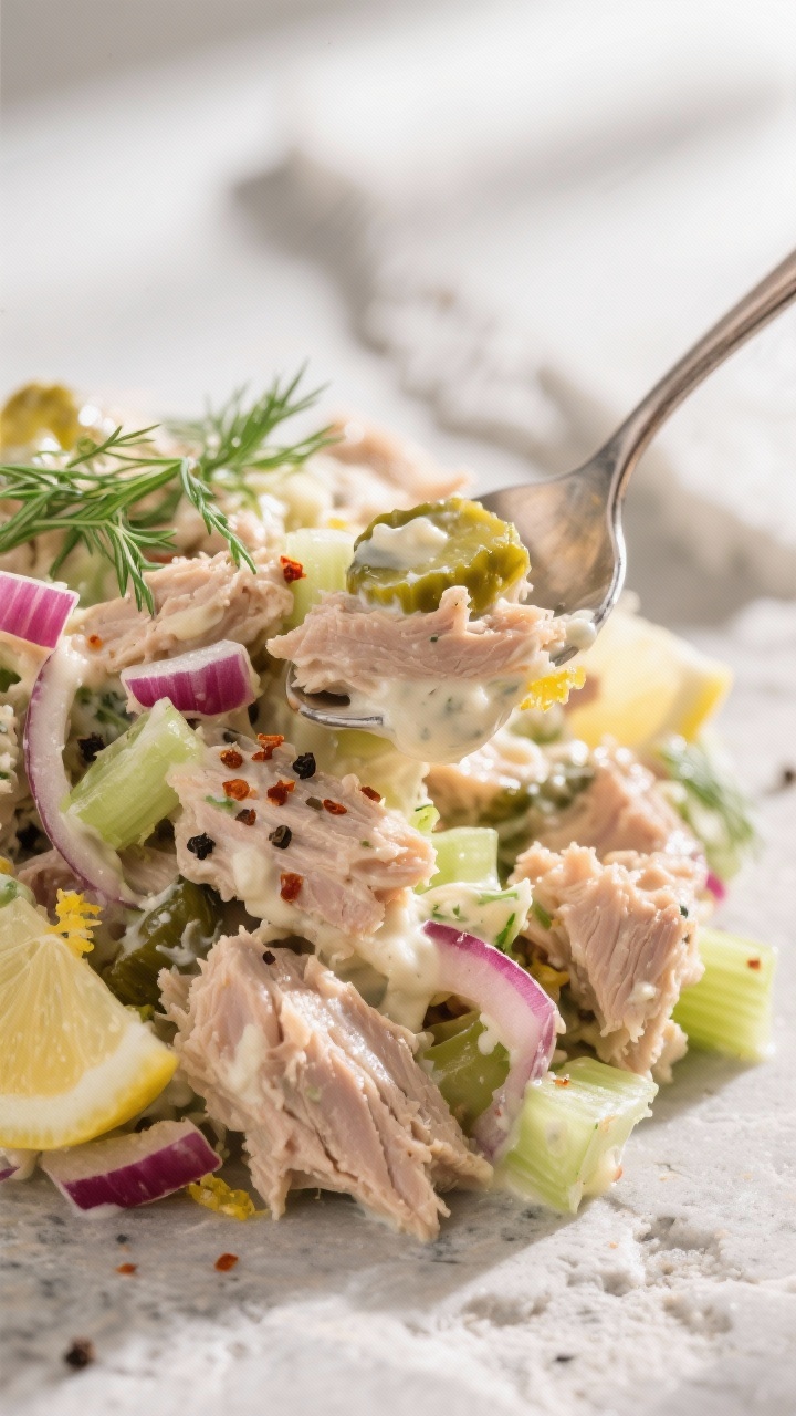 Close-up detail shot of creamy keto tuna salad just after combining: flaky tuna folded with finely c