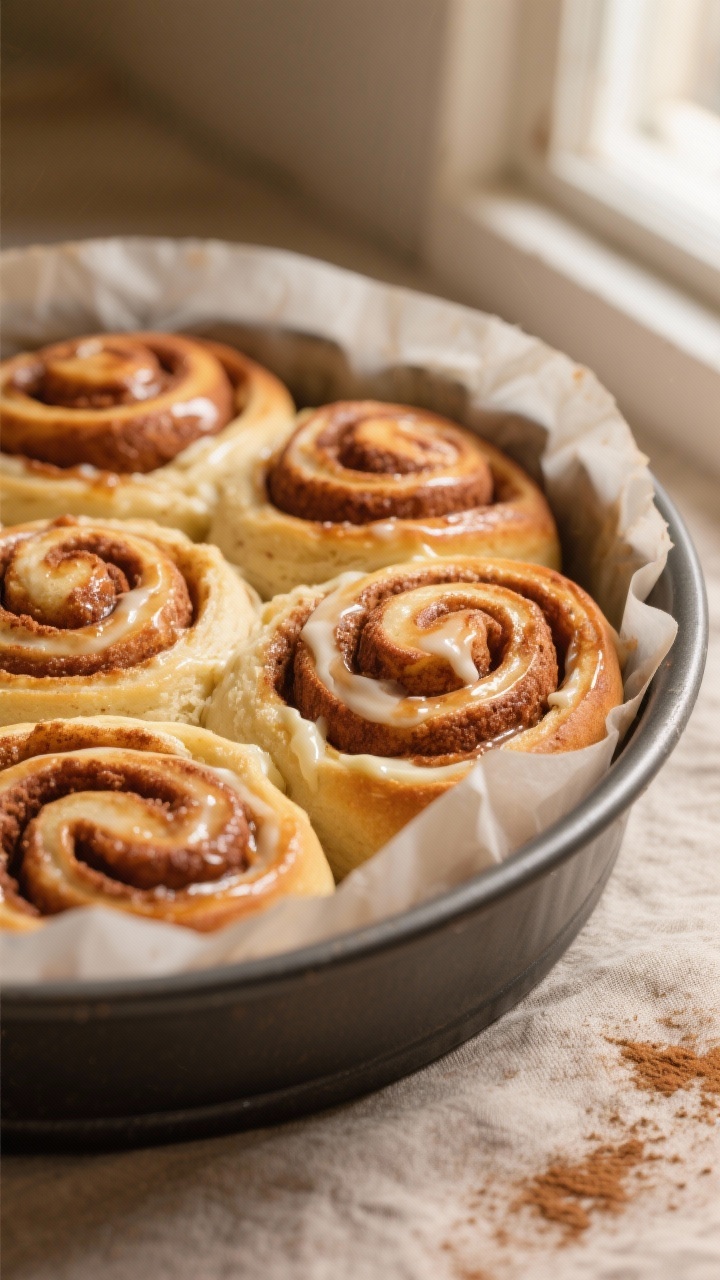 Close-up detail shot of freshly baked keto cinnamon rolls still in the round parchment-lined pan, sw