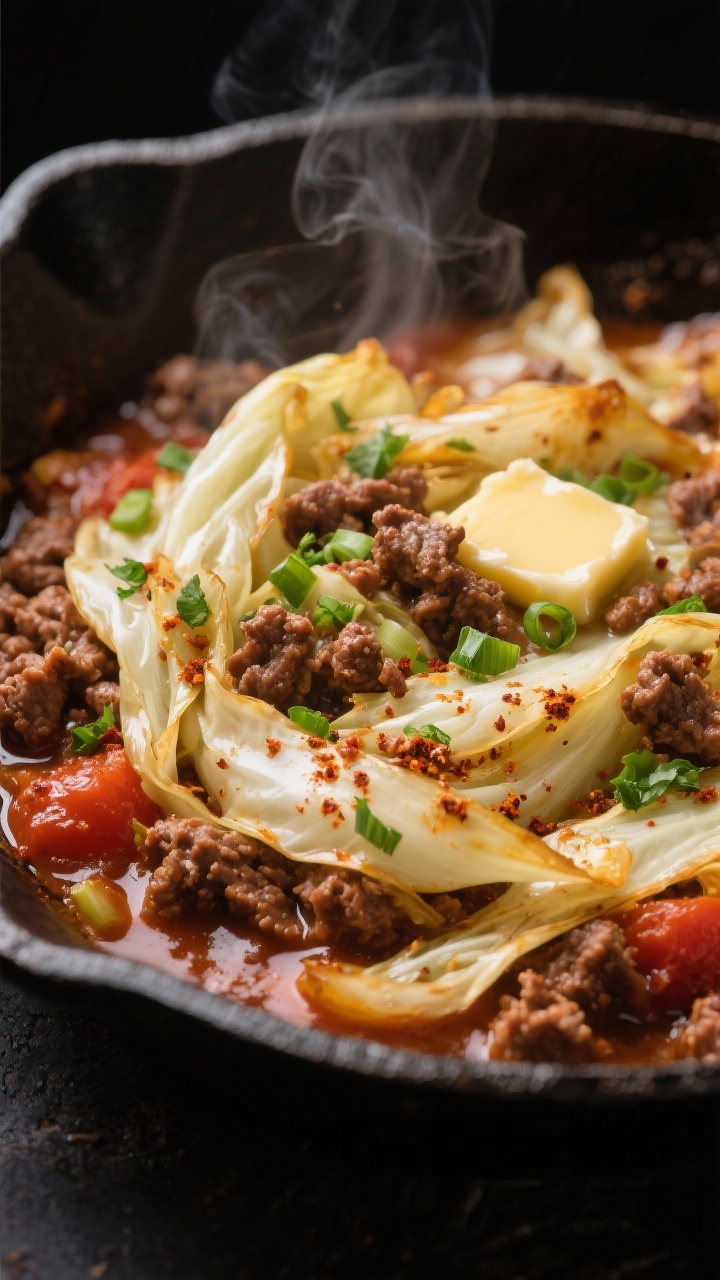 Close-up detail shot: Tender-crisp sautéed cabbage ribbons and browned ground beef mingling in a ca