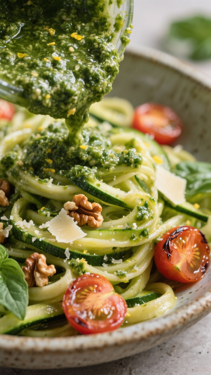 Close-up detail: Silky homemade basil pesto being folded into warm zucchini noodles off-heat—lush,