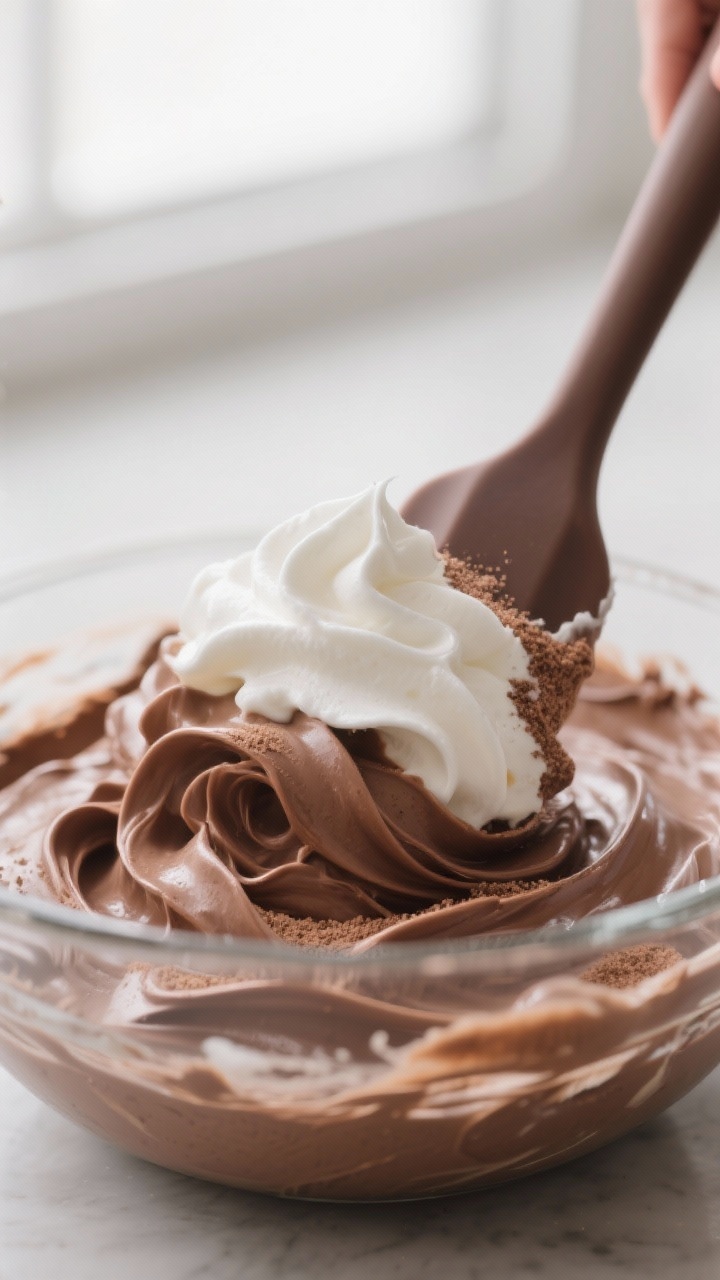 Close-up detail: Silky keto chocolate mousse mid-fold in a glass mixing bowl, showing airy ribbons o