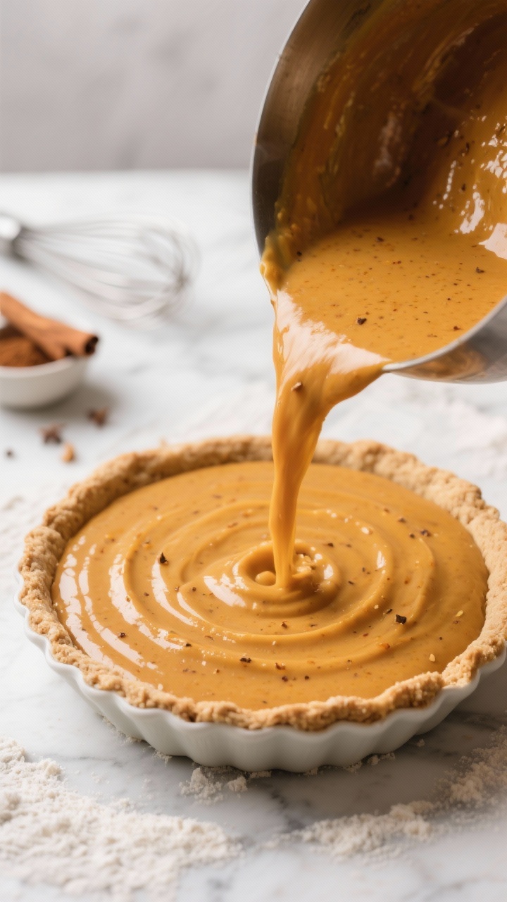 Close-up detail: Silky keto pumpkin pie filling being poured into a warm, par-baked almond–coconut